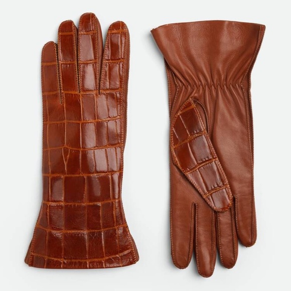Bottega Veneta Accessories - Bottega Venetia Womans Authentic Leather Gloves Carmel Croc Embossed Size 7 NWT